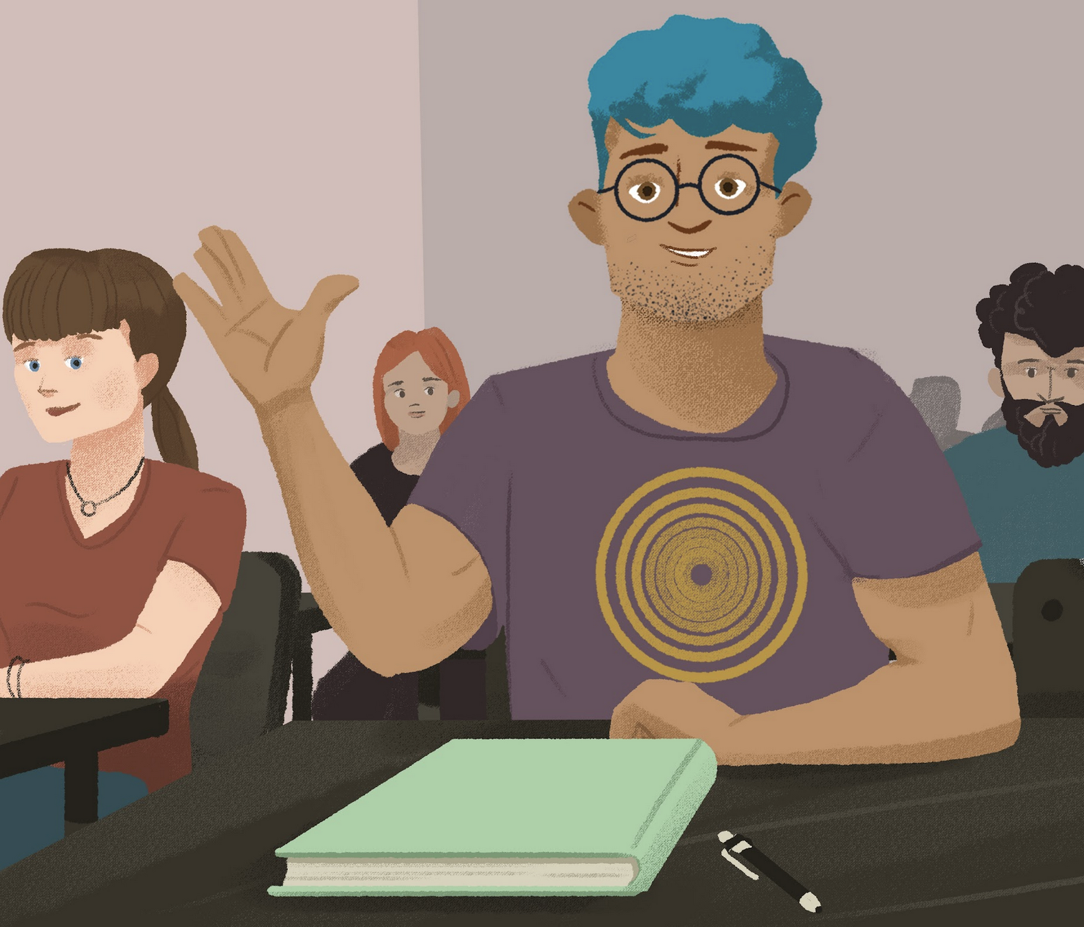 A cartoon of a student sitting at his desk a closed book and a pen in front of him, surrounded by other students. He is raising his hand to answer a question.