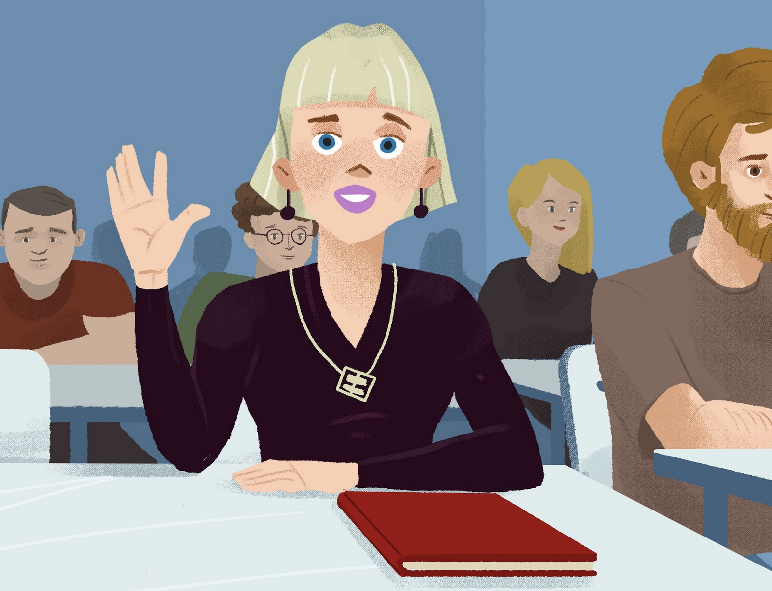 A cartoon of a student sitting at her desk a closed book in front of her, surrounded by other students. She is raising her hand to answer a question.