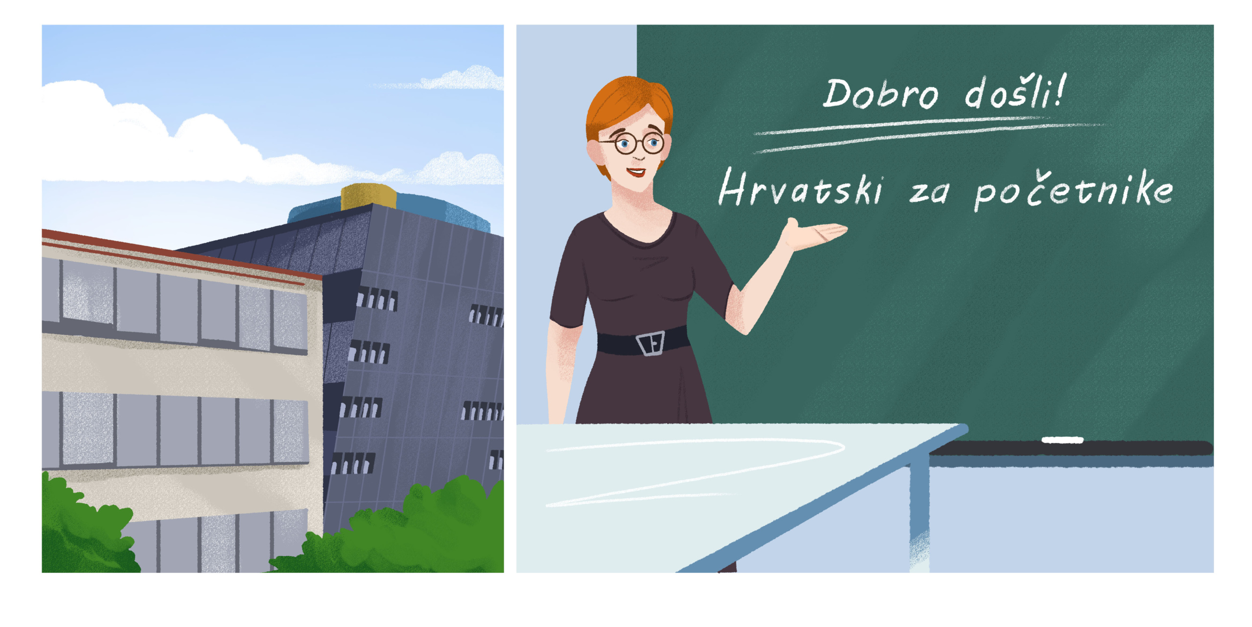 Two cartoon frames: On the left two office buildings with some trees in front, on the right a teacher in front of a green blackboard in a classroom explaining something to the students in front of her.