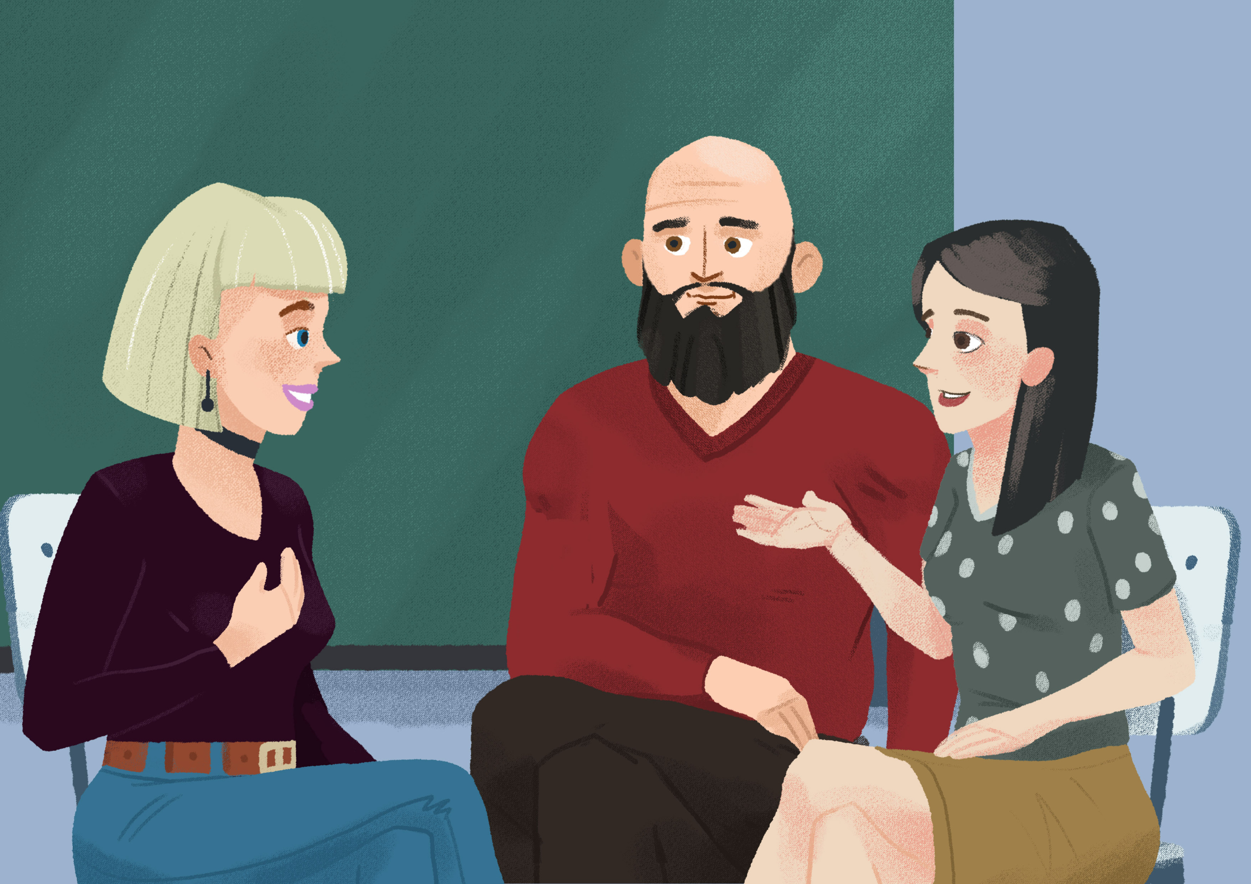 Two female students and a male student with name tag stickers on their chests reading Laura, Davor, and Sandra sitting in front of a green blackboard. The two females students are having a discussion while the male student is listening.