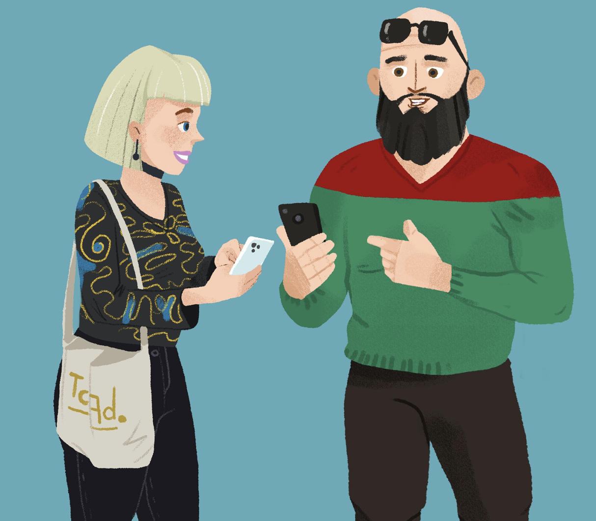 A woman with a purse and man meeting with beard and sunglasses propped up on his head are talking and pointing at the smart phones that they are holding in their hands.